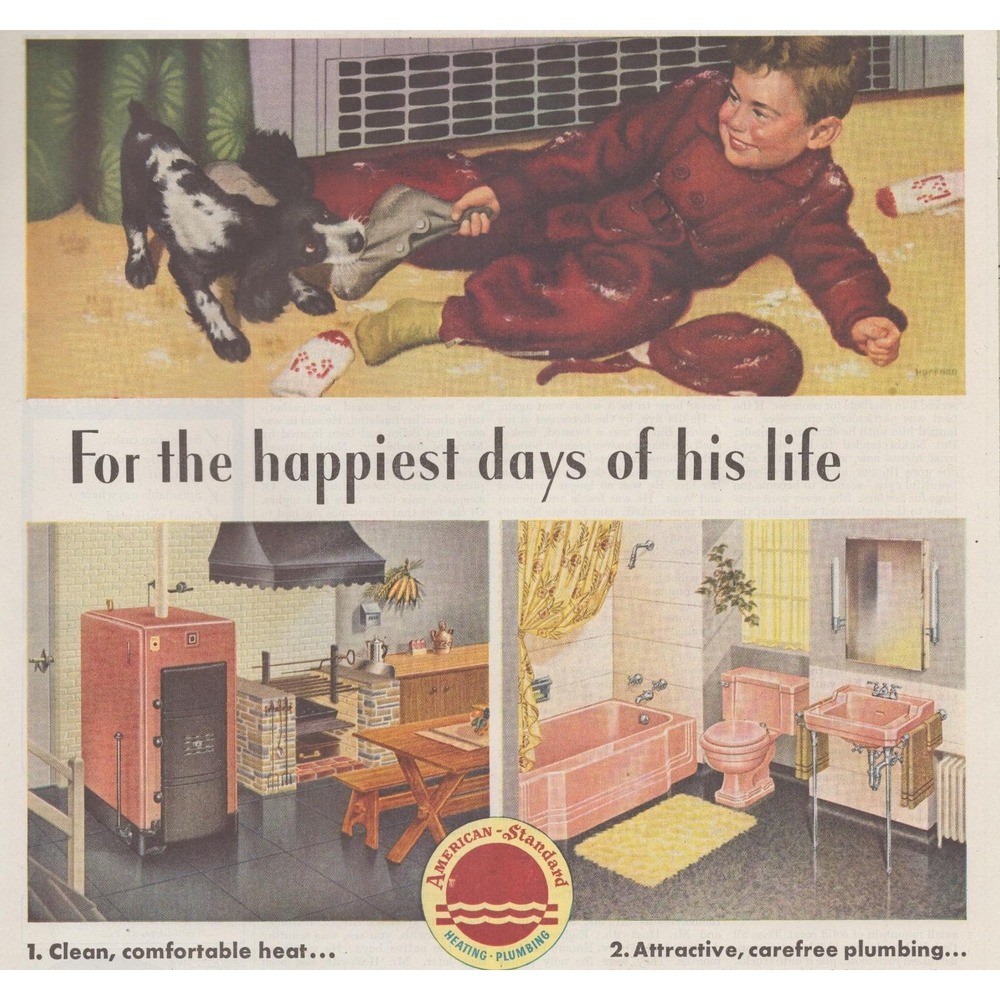 Vintage 1947 American Standard Print Ad Pink Bathroom Boy Dog 1940s Home Decor